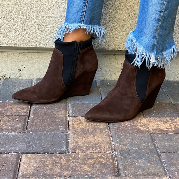 Brown Genuine Suede Chelsea Pointy Toe Wedge Boots - Picture 8 of 9